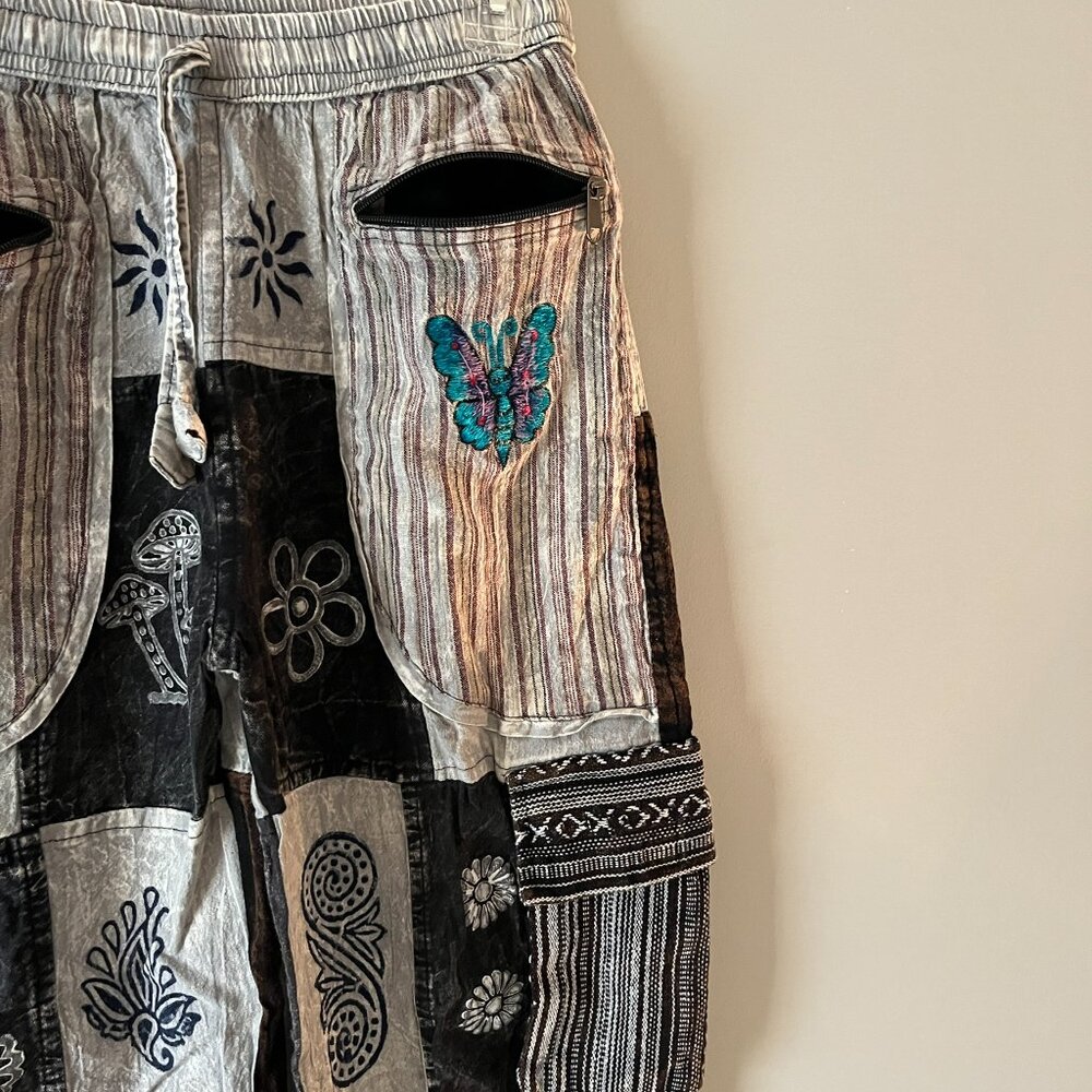 Nepal Patchwork Black/Gray/White Pants with Embroidered Designs (Size S/M) - Picture 2 of 6